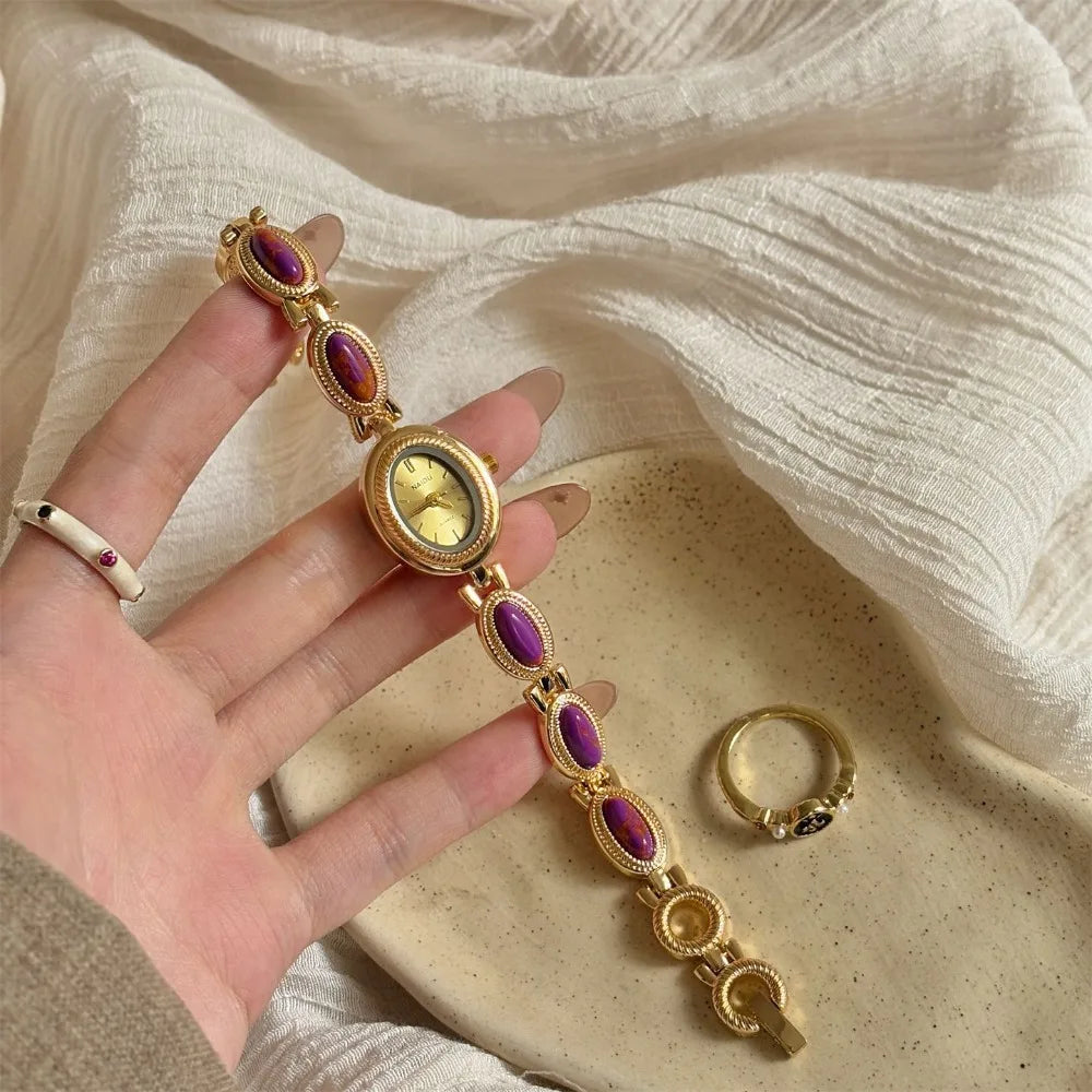 New Colored Gemstones Ladies Watch Oval Luxury Quartz Watch Gift Elegant Wristwatch Oasis Select Purple