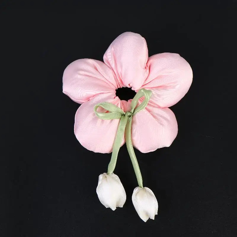 Cute Candy Color Flower Hair Tie Scrunchie Soft Fabric Elastic Ponytail Holder Lovely Hair Accessories For Girls Women Gift Oasis Select 1PC Pink