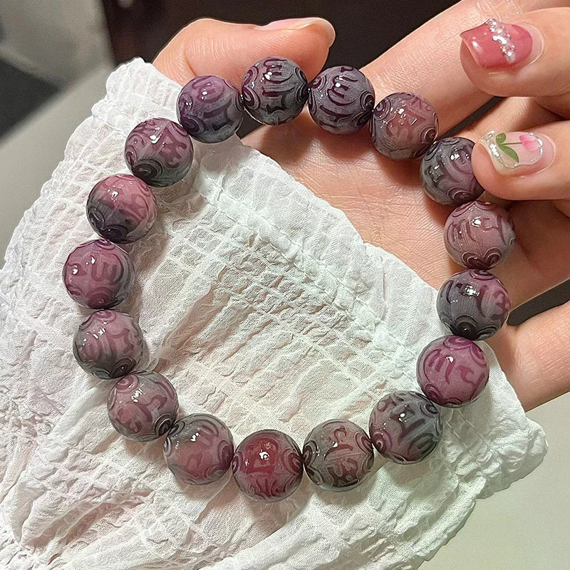 Natural Purple Bodhi Root Beaded Bracelet Buddhist Beads Rosary Beads Carved Lucky Jewelry Oasis Select