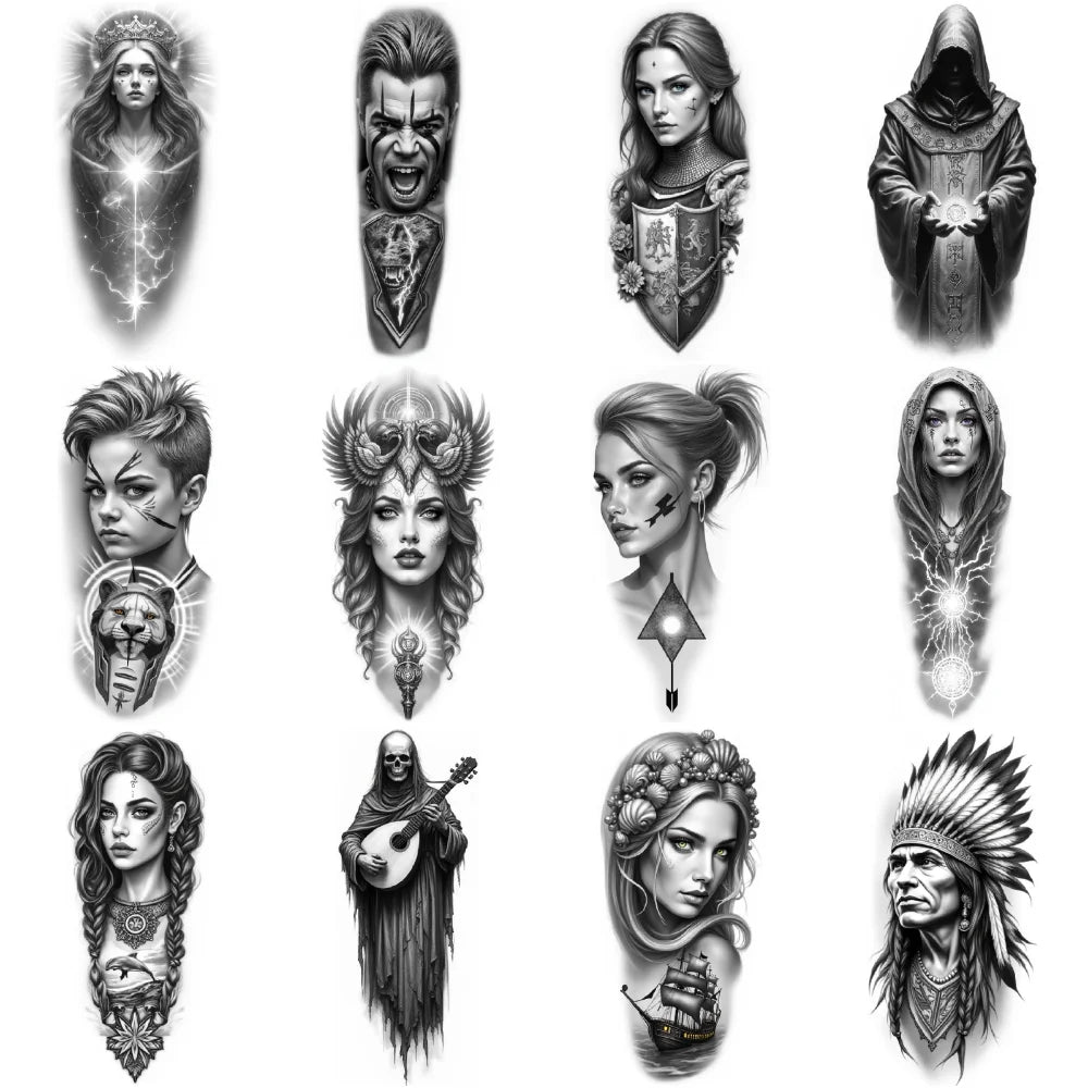 12pc Black & Grey Temporary Tattoos – Skull, Warrior & Animal