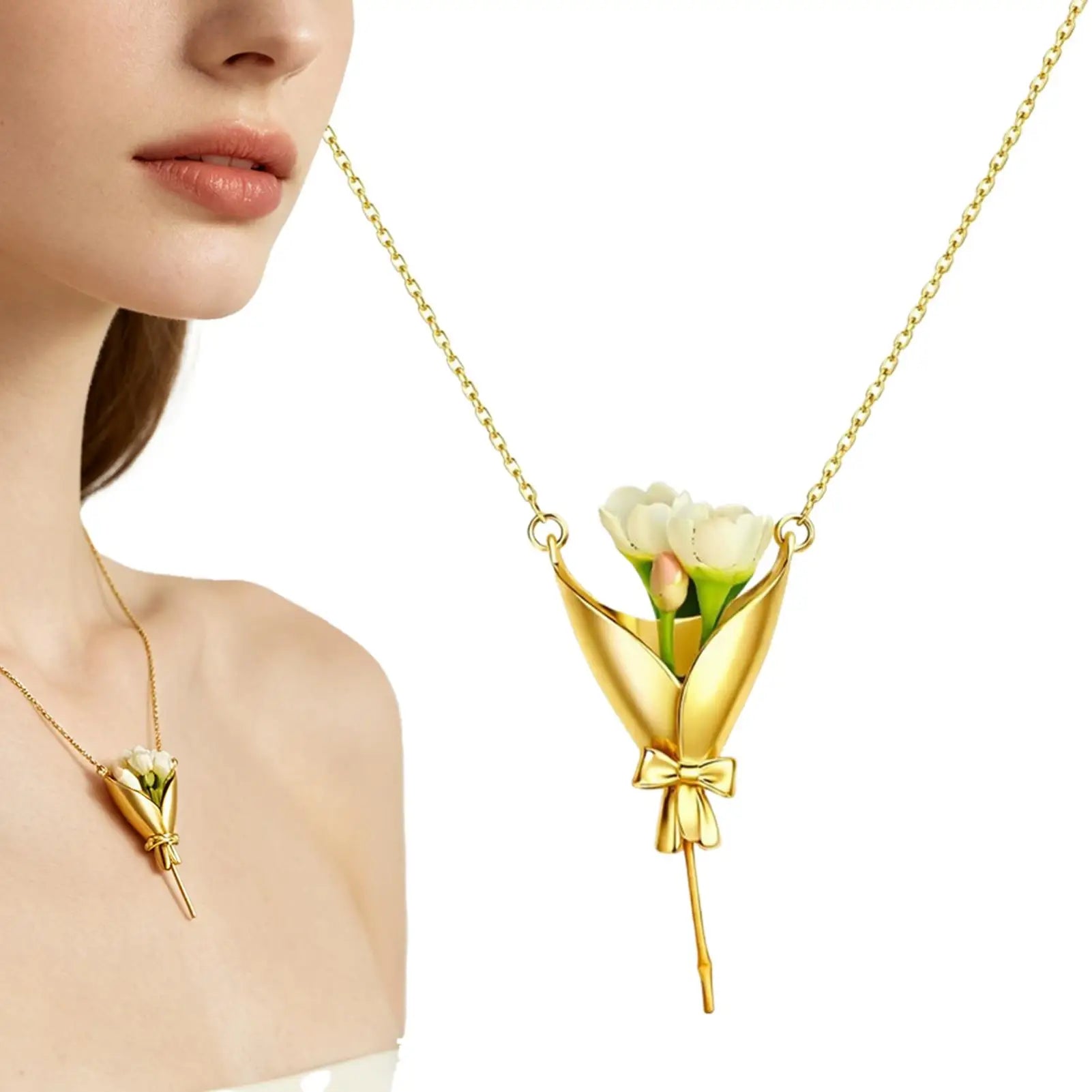 Flower Necklace Romantic Trendy Bouquet Jewelry Copper Cute Floral Necklace Bouquet Necklace Pendant Creative Vase Necklace Oasis Select
