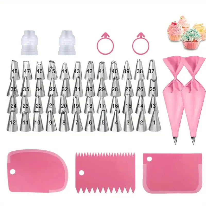 Cake Decorating Tool Set Silicone Pastry Bags DIY Cake Icing Piping Stainless Nozzle Reusable Cream Decorating Mouth Baking Tool Oasis Select 57pcs pink
