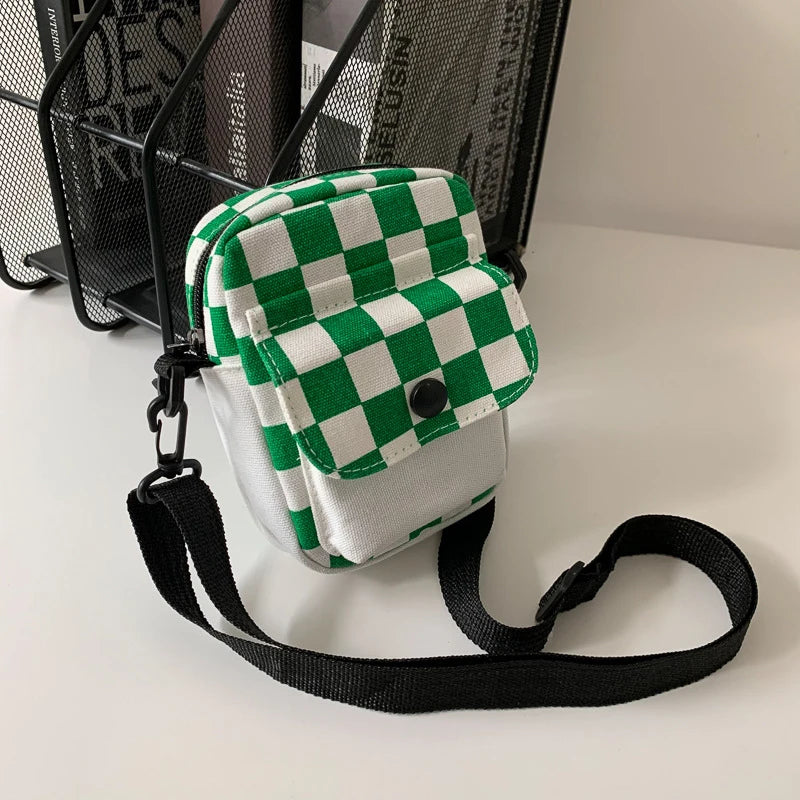 Men Sports Messenger Bag Adjustable Strap Daily Commute Travel Essential Mini Checkered Square Design With Front Fashion Pocket Oasis Select Green