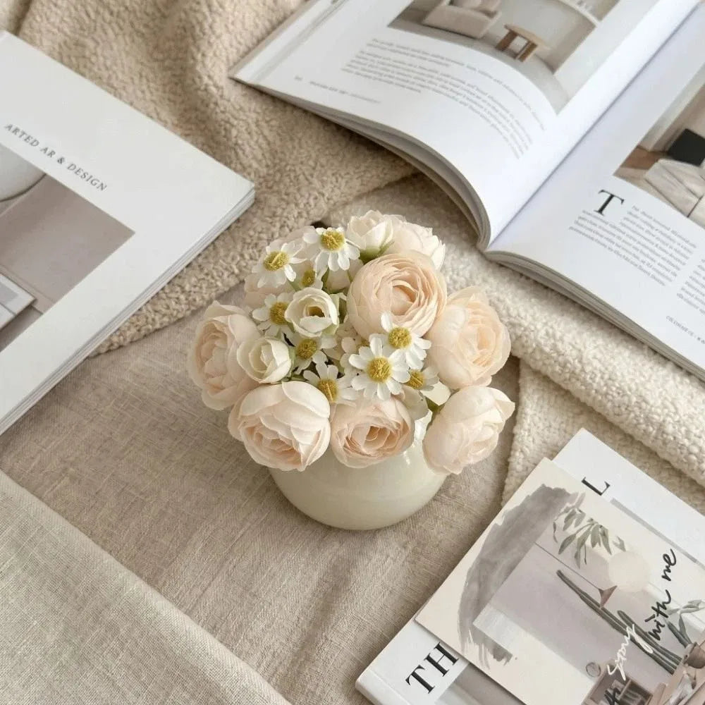 Minimalist Ceramic Vase & Artificial Rose Set | Home Decor