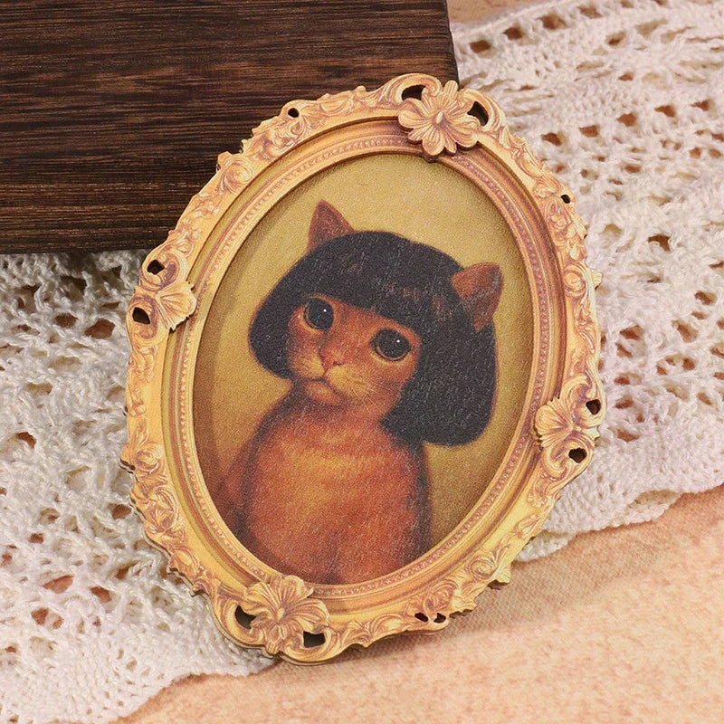 1Pc Mini Oval Retro Wooden Photo Frame Fridge Magnet Funny Cat & Haircut Modern Kitchen Decor Durable Refrigerator Ornament Oasis Select