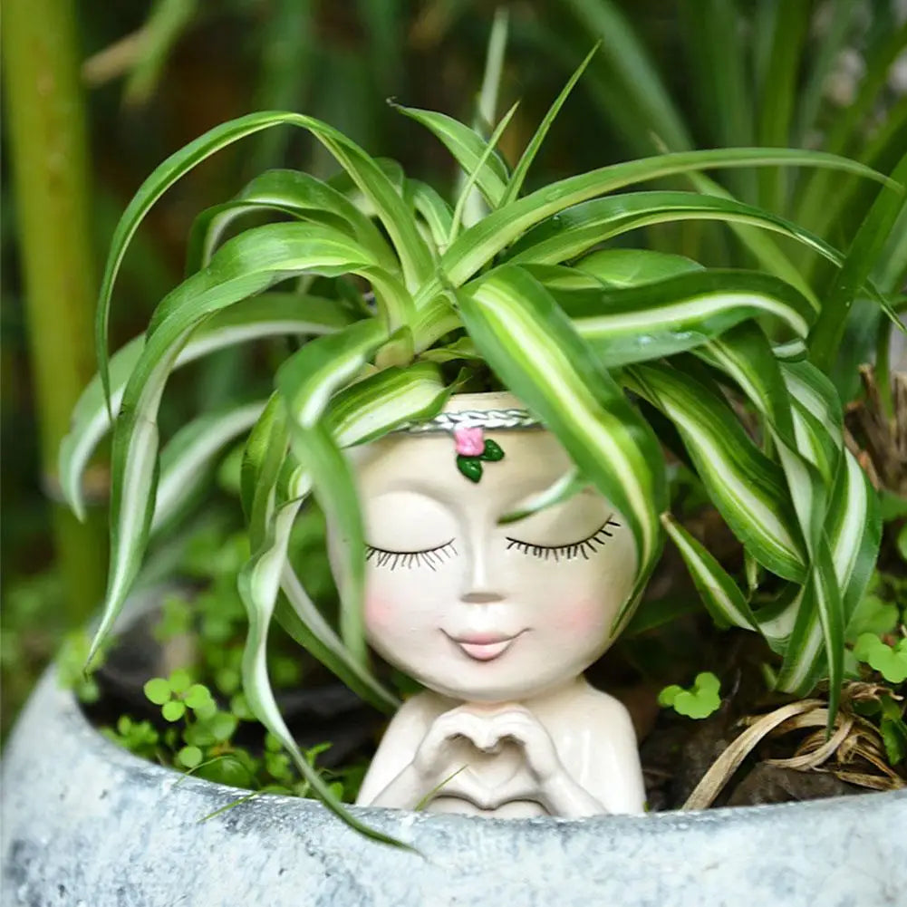 Resin Girl Face Planter – Cute Succulent Pot with Drainage Hole
