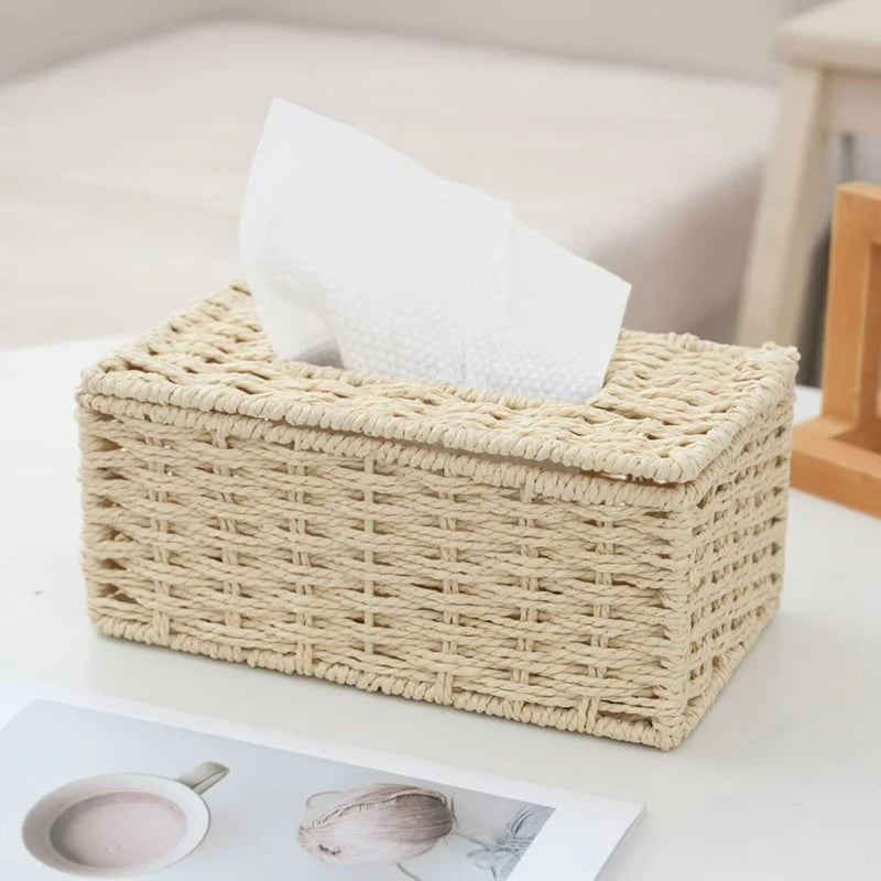 Woven Tissue Storage Box Imitation Rattan Woven Grass Tissue Box Luxury Tissue Paper Holder Home Living Room Table Decoration Oasis Select