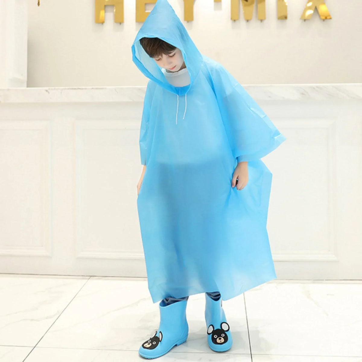 Children Boy Girl Rainwear Waterproof Hooded Rain Coat Outwear Poncho Raincoat Cover Up for Kids 100 to 160cm Height Oasis Select blue