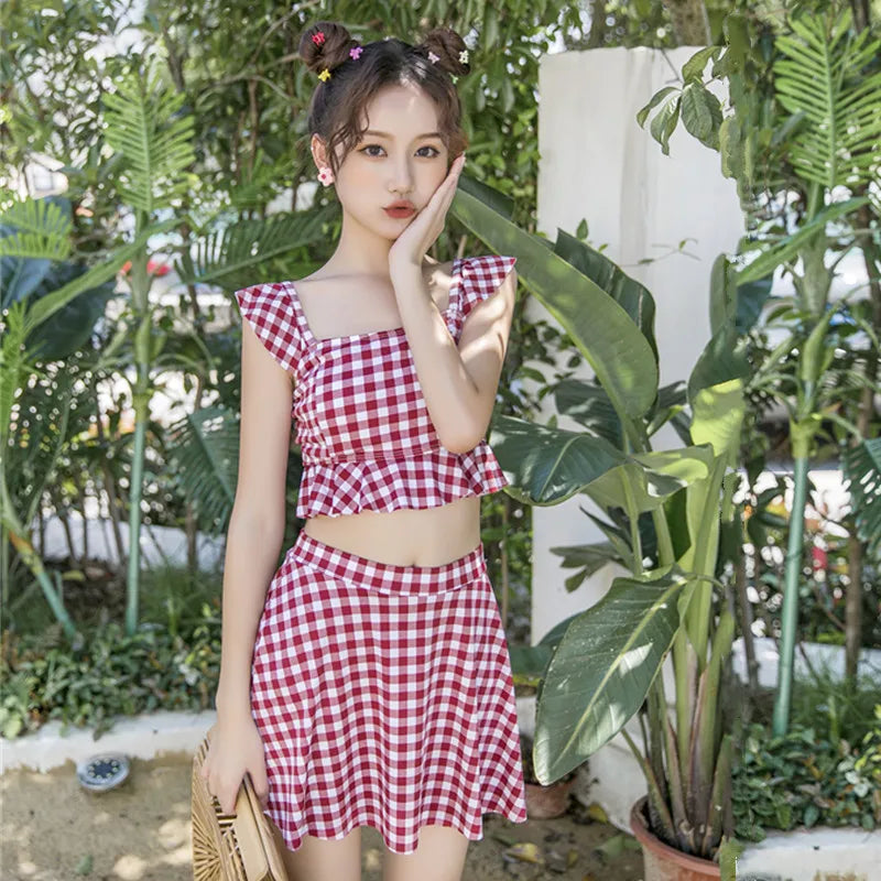 Swimsuit for women summer mini splitflat corner skirt style, hot spring cute girl, checkered student swimsuit Oasis Select