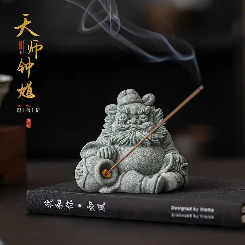 Green Sand Stone Tianshi Zhongkui Tea Pet Ornament Home Indoor Incense Holder Office Desktop Decoration Accessories Oasis Select