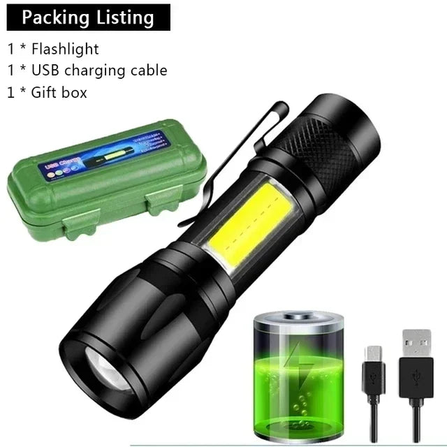 Mini Rechargeable LED Flashlight COB+XPE Portable Torch Camping Lantern Zoomable Focus Light Tactical Flashlight with Pen Clip Oasis Select 1PC With Box Built in battery