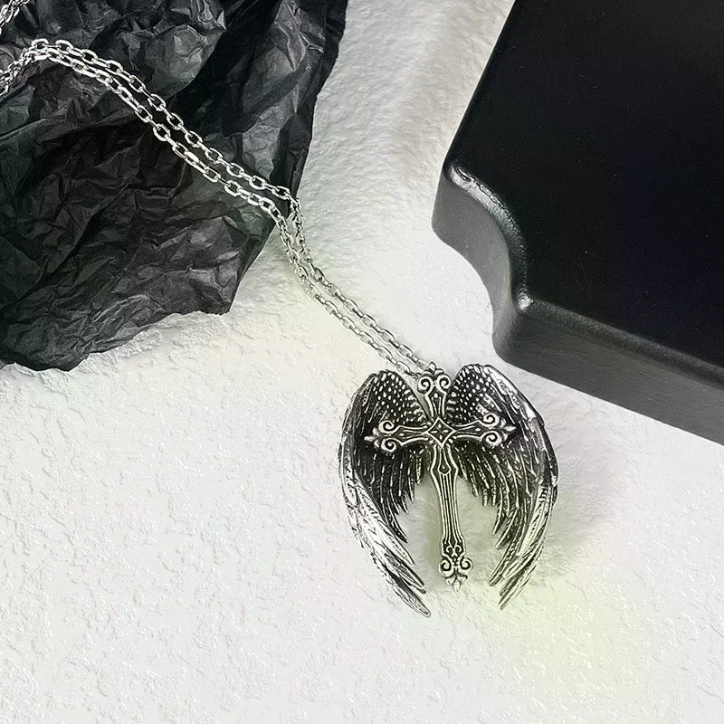 Vintage Angel Wings Cross Pendant Necklace For Men Women Personalized Simple Punk Gothic Necklace Jewelry Accessories Gifts Oasis Select