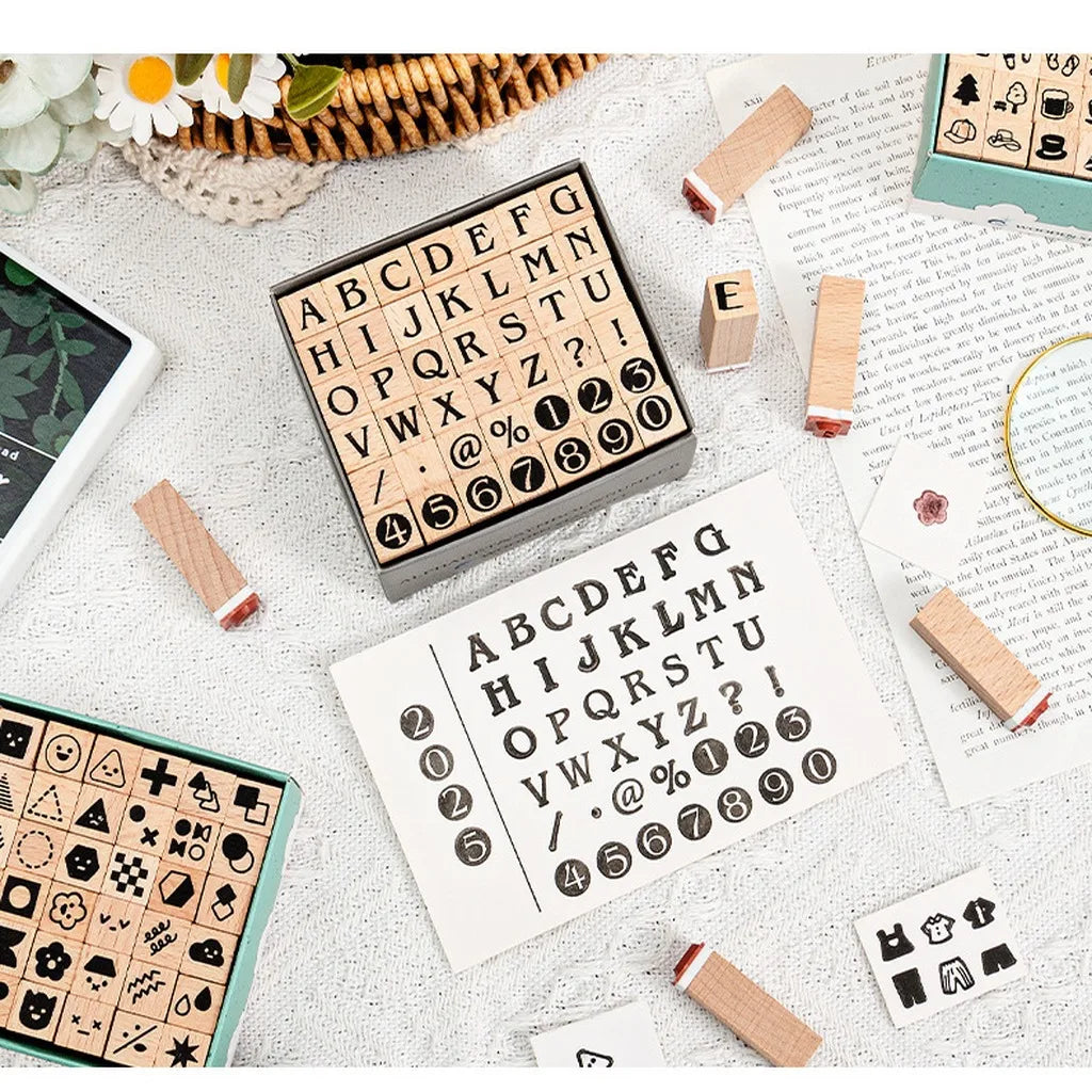 42-Piece Beech Wood Stamp Set – Letters, Numbers & Symbols