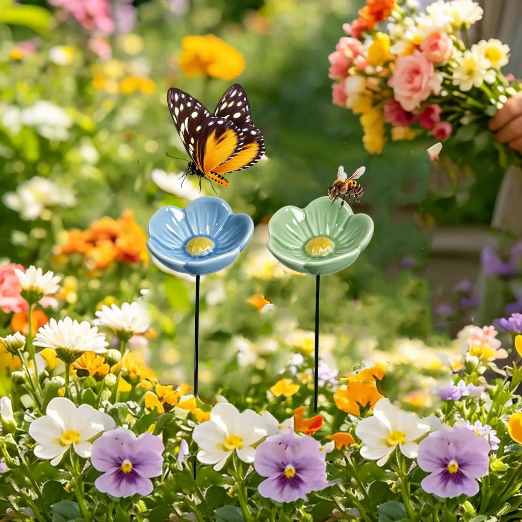 Bee Water Feeder Resin Flower Drinking Fountain Holder Bee Watering Station Bird Waterer Feeding Bowl Stakes Bird Supplies Oasis Select