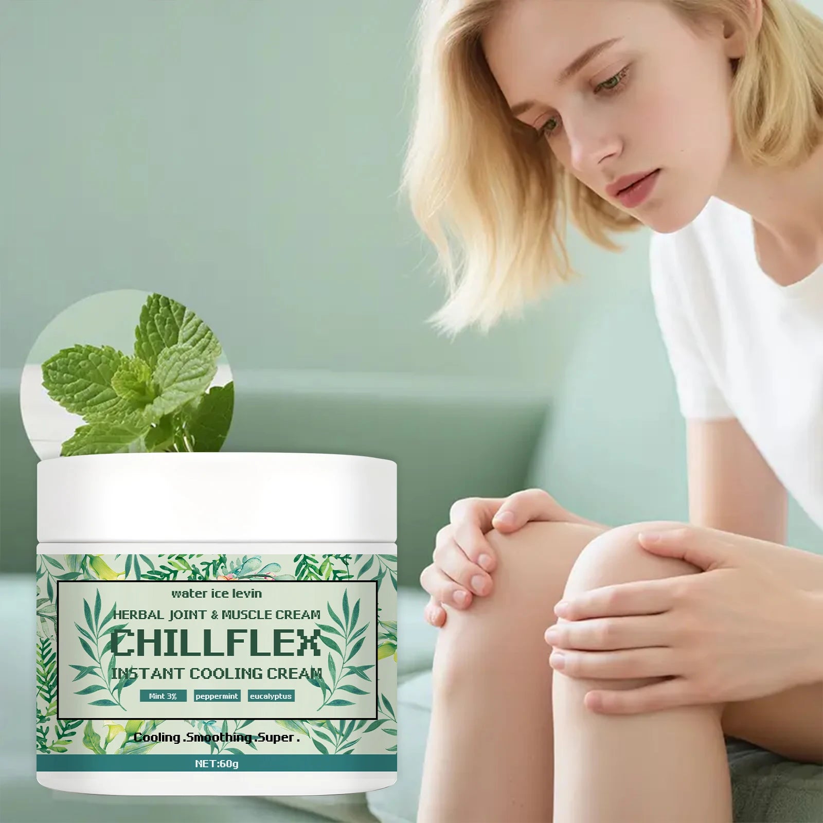 Water Ice Levin CHILLFLEH Cream: Instant Cooling Herbal Relief with Mint & Eucalyptus for Joints & Muscles. 60g. Oasis Select