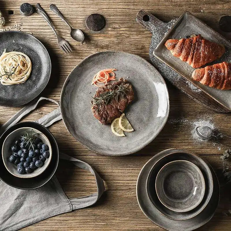 Japanese Ceramic Dinner Plate Rice Bowl Food Tray Retro Gray Tableware Porcelain Fruit Salad Sushi Serving Plate Dinnerware Oasis Select