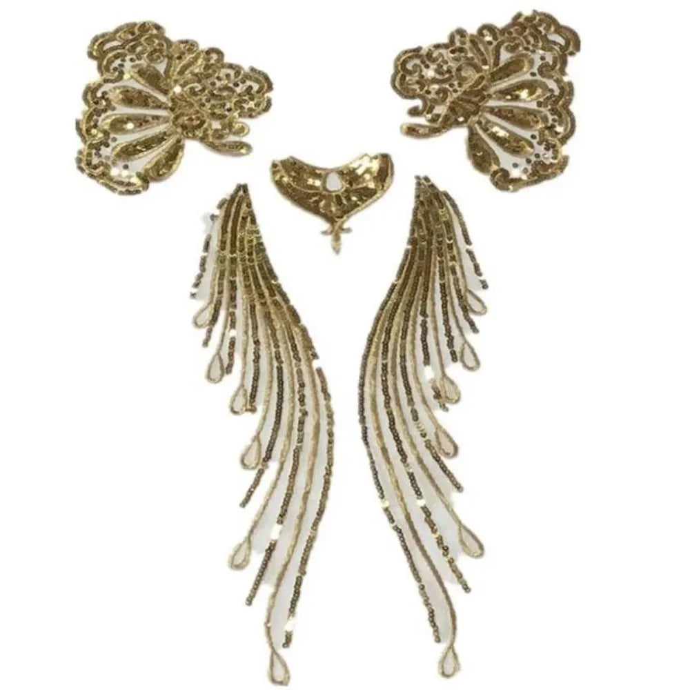 Gold & Silver Sequin Embroidered Wing Patch Set | Organza Trim