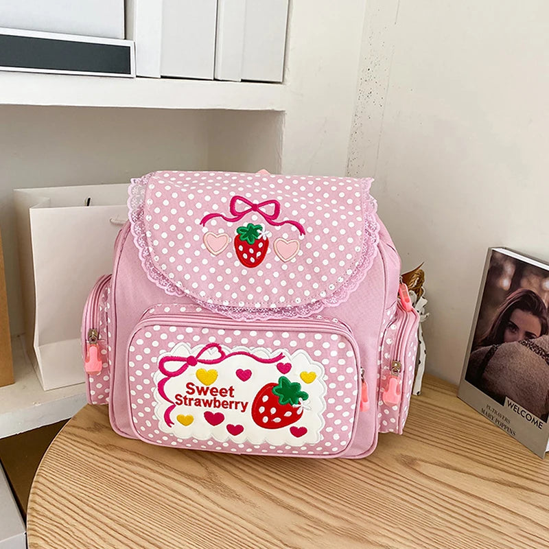 Pink Girl Embroidery Strawberry Children's Schoolbag Student Birthday Gift Cartoon Backpack Book Bags Christmas New Year Gift Oasis Select