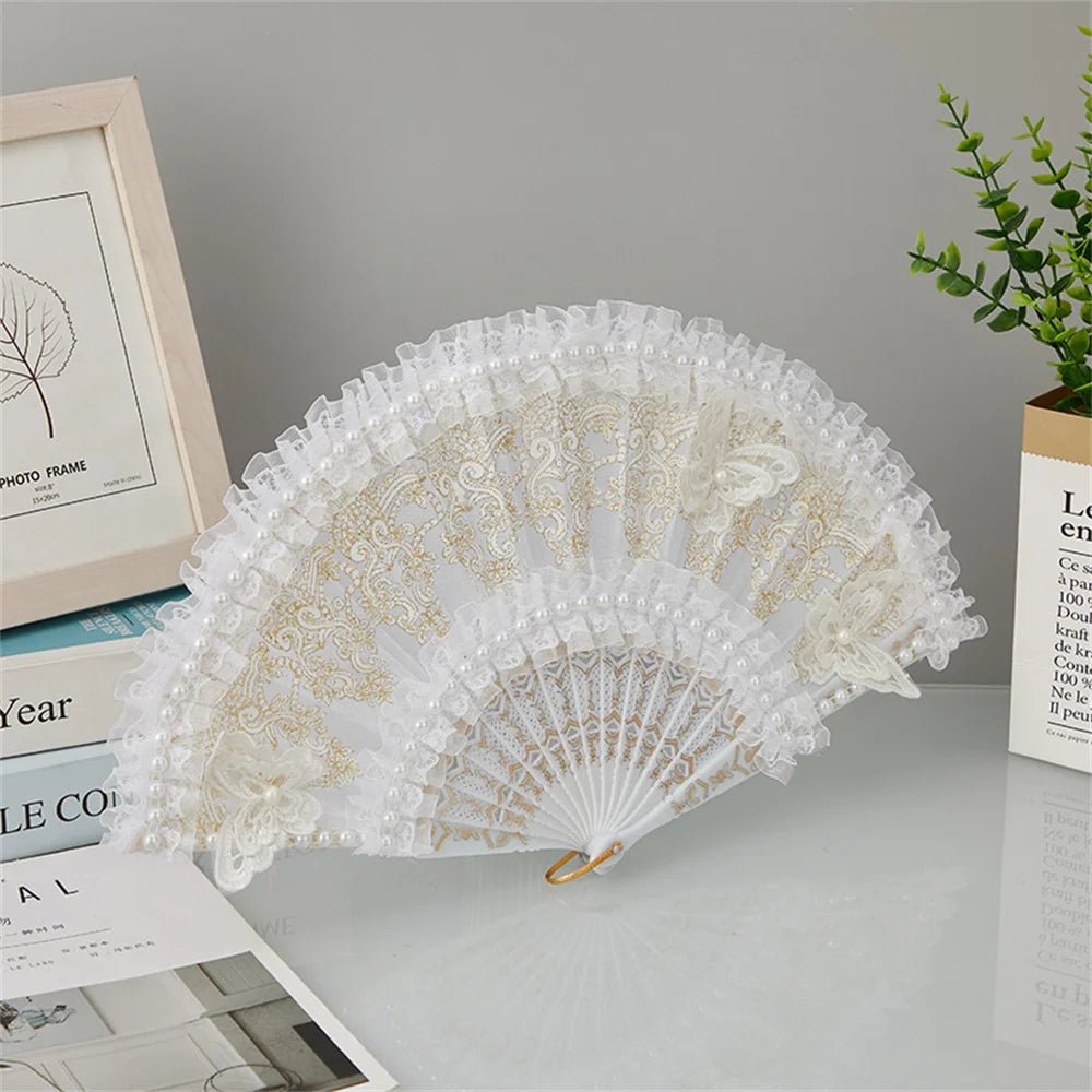 Fashion Wedding White Lace Folding Fan Plastic Wedding Cosplay Party Home Decorative Fan Ancient Bride Hand Fan Decoration Oasis Select
