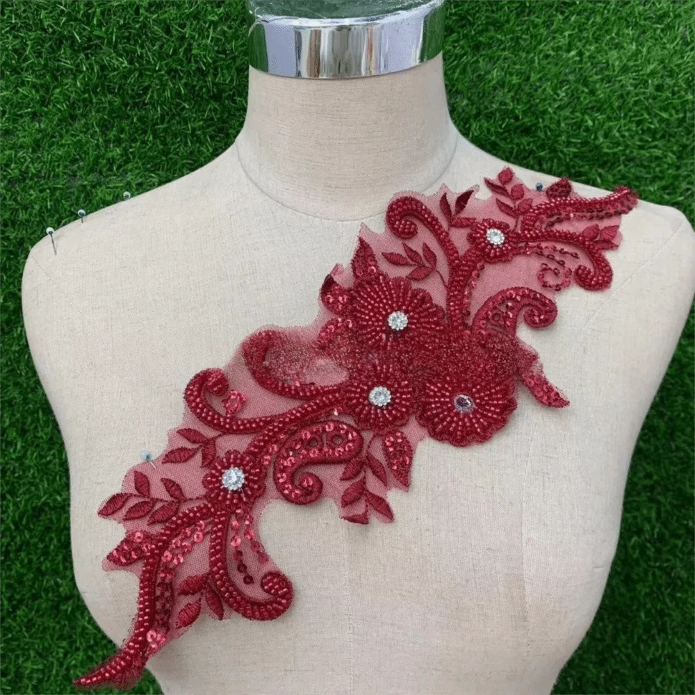 Rhinestone Flower Lace Applique Patch Handsewn Glass Drill Flower Embroidery Applique DIY Evening Gown Wedding Dress Accessories Oasis Select Wine Red