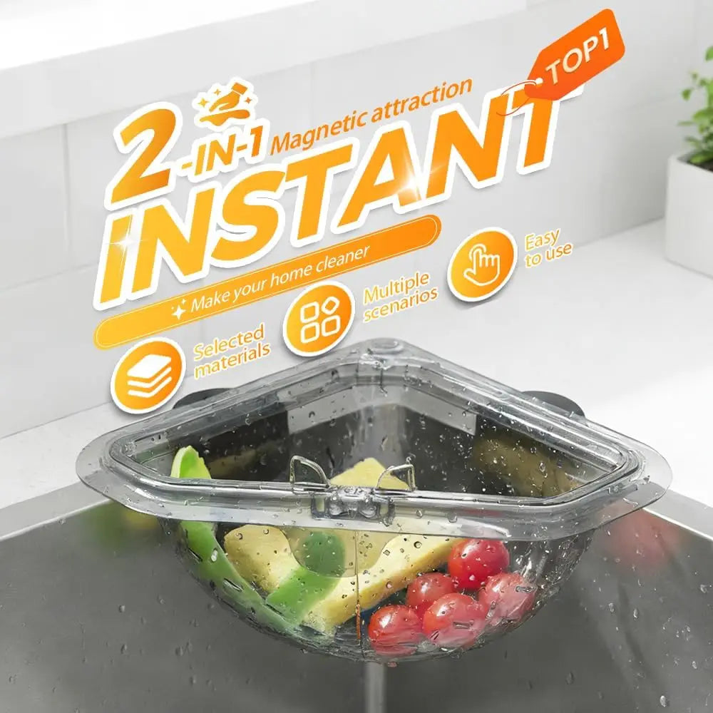 Magnetic Triangle Sink Strainer Basket Food Catcher & Drain Basket for Fruits Vegetable Scraps, Corner Kitchen Sink Organizer Oasis Select