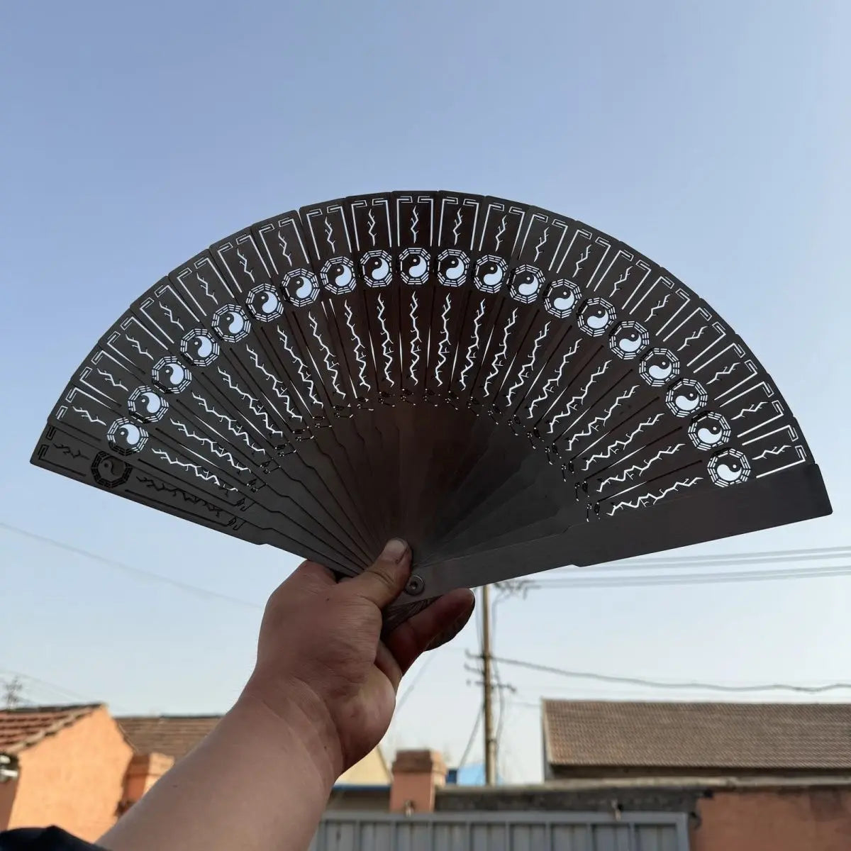 Double Opening and Closing Non-magnetic Thickened Stainless Steel Folding Fan Hollow-out Folding Tai Chi Decorative Fan Oasis Select