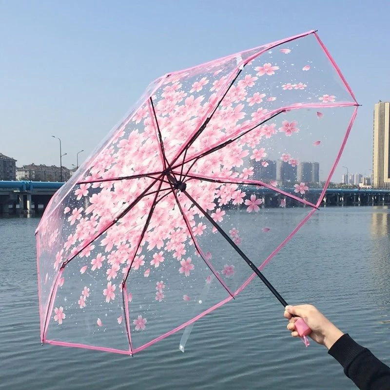 Automatic/Manual Opening And Closing Romantic Cherry Blossom Transparent Folding Umbrella Fresh Transparent Three-Fold Umbrella. Oasis Select