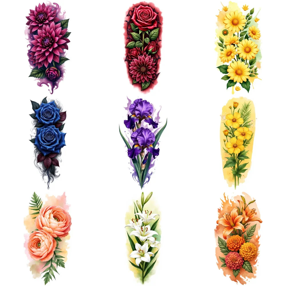 9-Pack Floral Temporary Tattoos – Waterproof Flower Designs