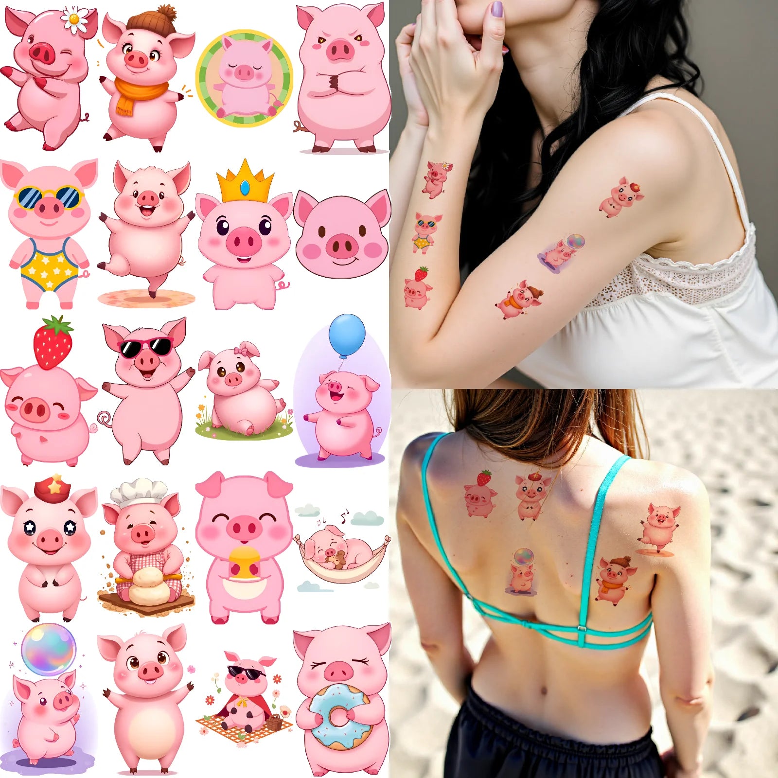 54pcs Cute Pig Temporary Tattoo Stickers – Waterproof 3D