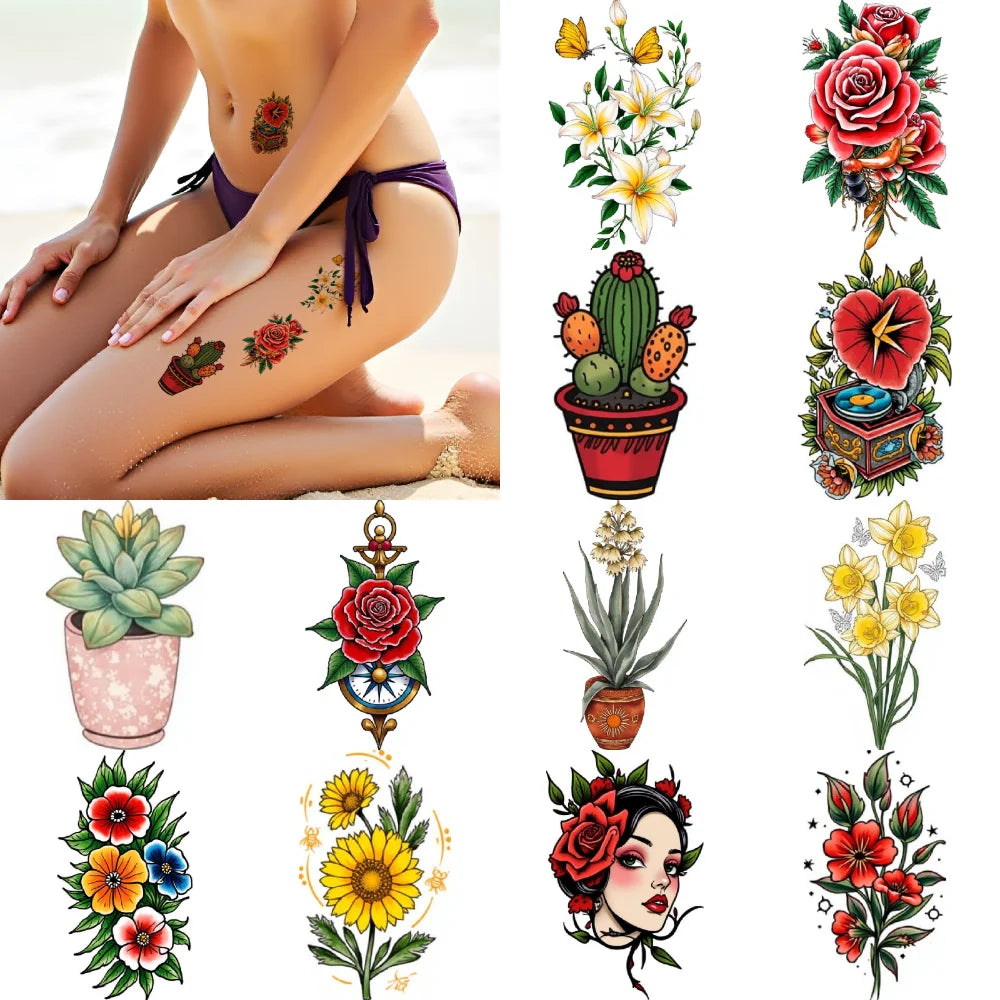 28pcs Waterproof Temporary Tattoos – Rose, Cactus & Sakura