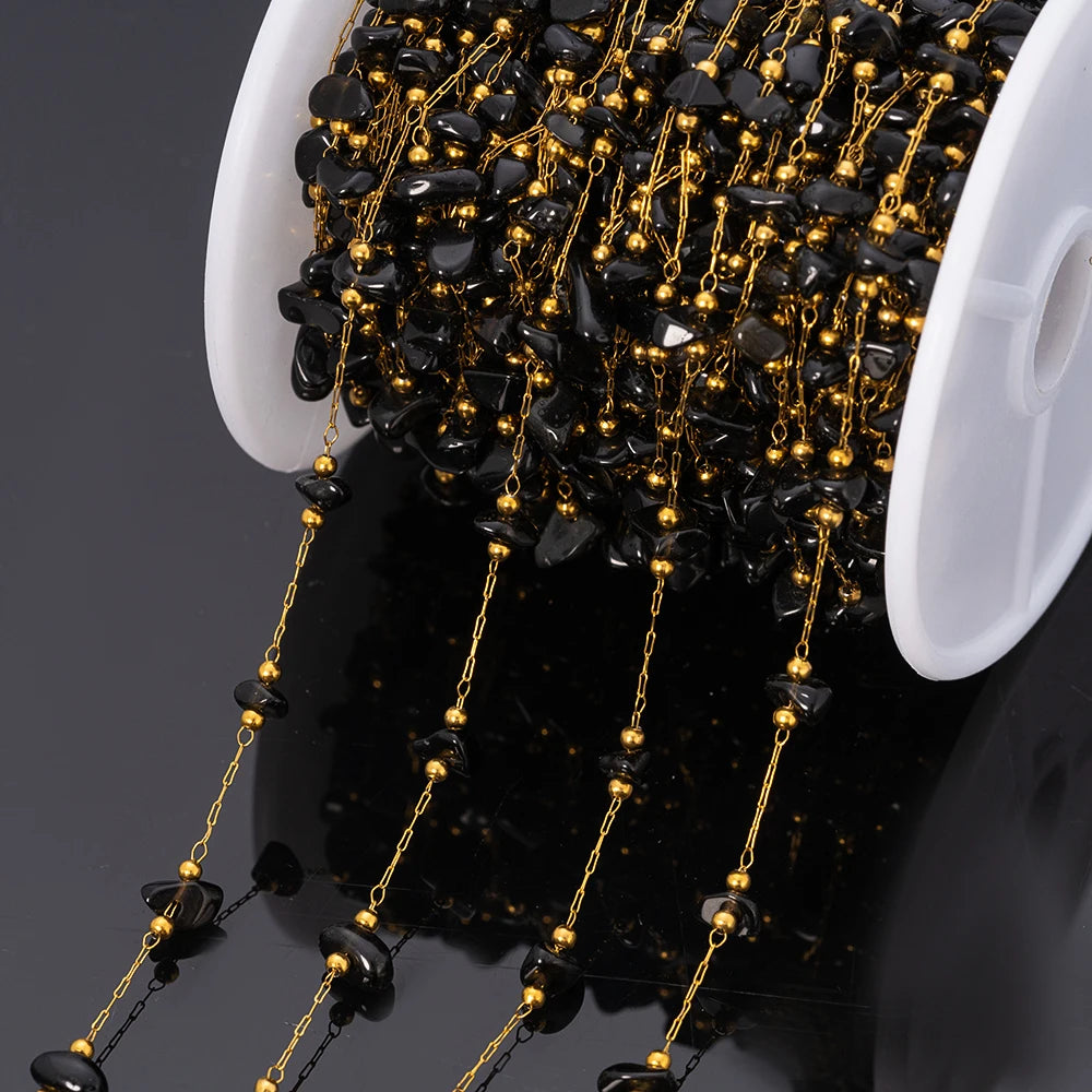 1meter Gold Plated Stainless Steel Chain Natural Raw Healing Crystal Points Gemstone Beaded Charms for Jewelry Making DIY Crafts Oasis Select Black Onyx