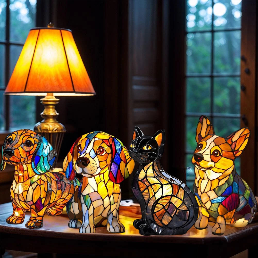 Stained Glass Cat LED Night Light – Color-Changing Resin Lamp