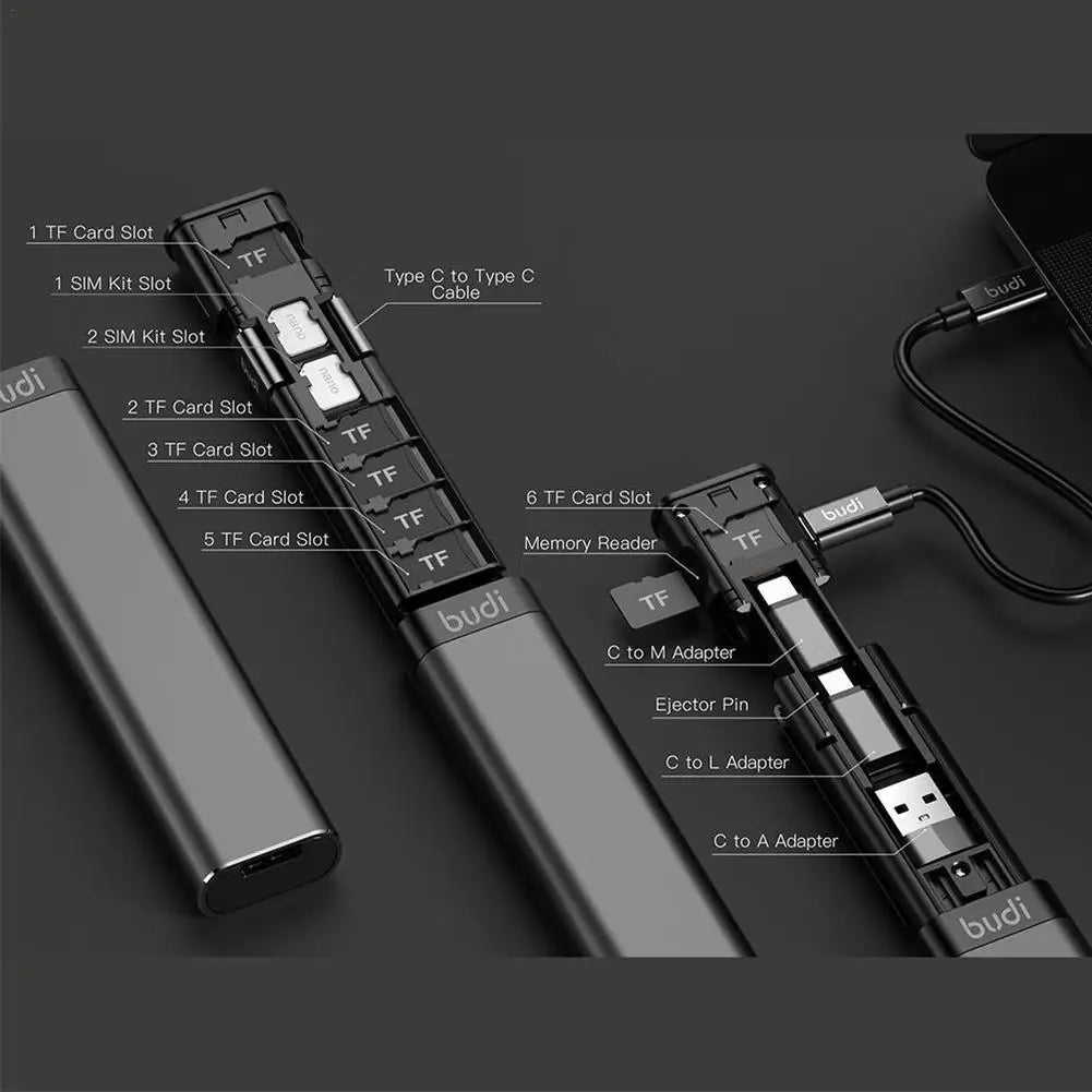 BUDI 7-in-1 USB Hub, Card Reader & Multi-Cable Adapter Stick