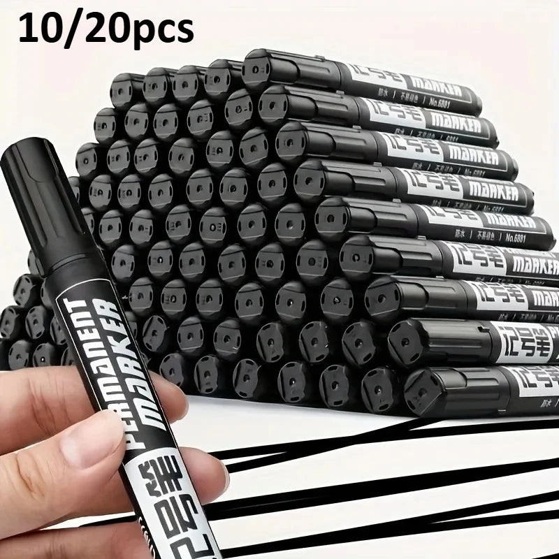 10/20pcs Permanent Marker Set, Waterproof Black Ink High-Capacity Oil-Based Pens, Office Supplies for Multi-Surface, Graffiti Oasis Select