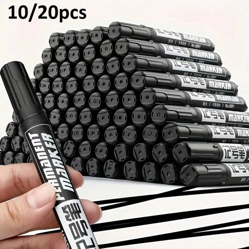 10/20pcs Permanent Marker Set, Waterproof Black Ink High-Capacity Oil-Based Pens, Office Supplies for Multi-Surface, Graffiti Oasis Select