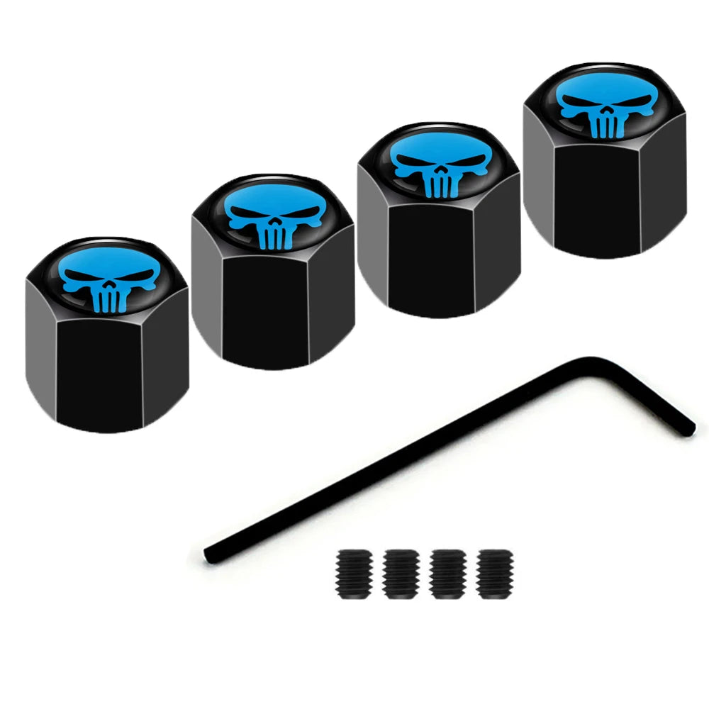 4Pcs/Set Car Styling Zinc Alloy Anti-theft Skull Style Car Tire Valve Caps Wheel Tires Tire Stem Air Cap Airtight Covers Oasis Select Black Blue
