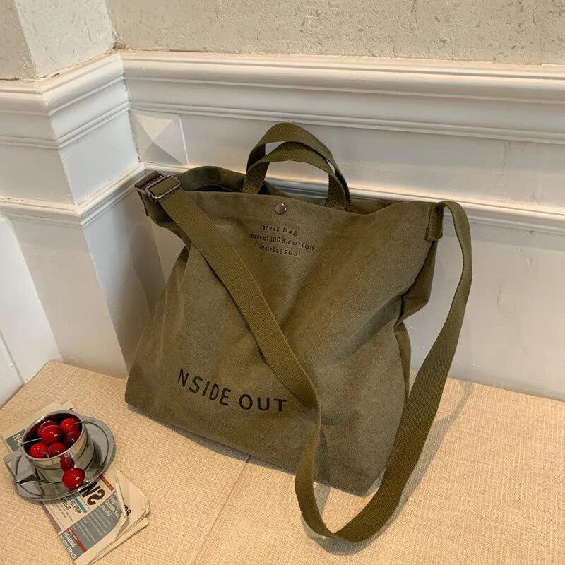1Pcs Beige Canvas Tote Bag Adjustable Strap Large Capacity Shoulder Bag For School Commute Shopping Travel Oasis Select D