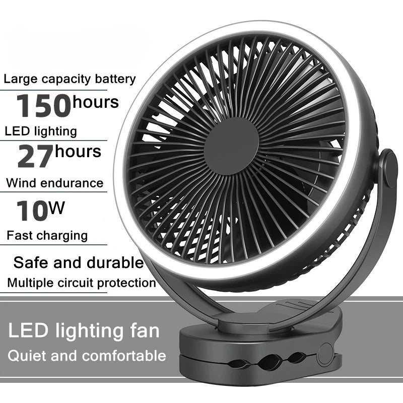 9000mAh Clip Fan with LED Lamp – Rechargeable Portable Fan