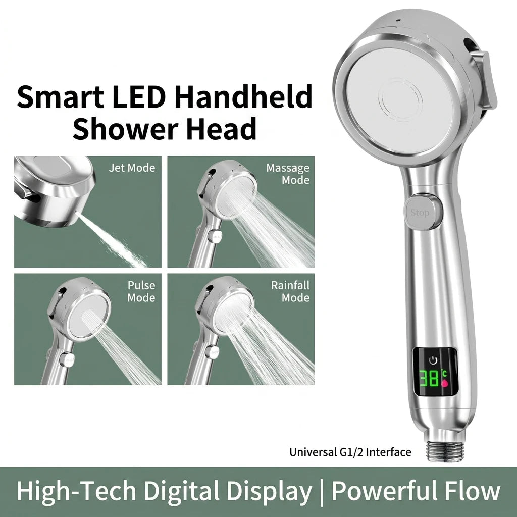 Handheld High-Pressure Bathroom Shower Head, Water-Saving Design with 4-Speed Modes & LED Digital Temperature Display Oasis Select