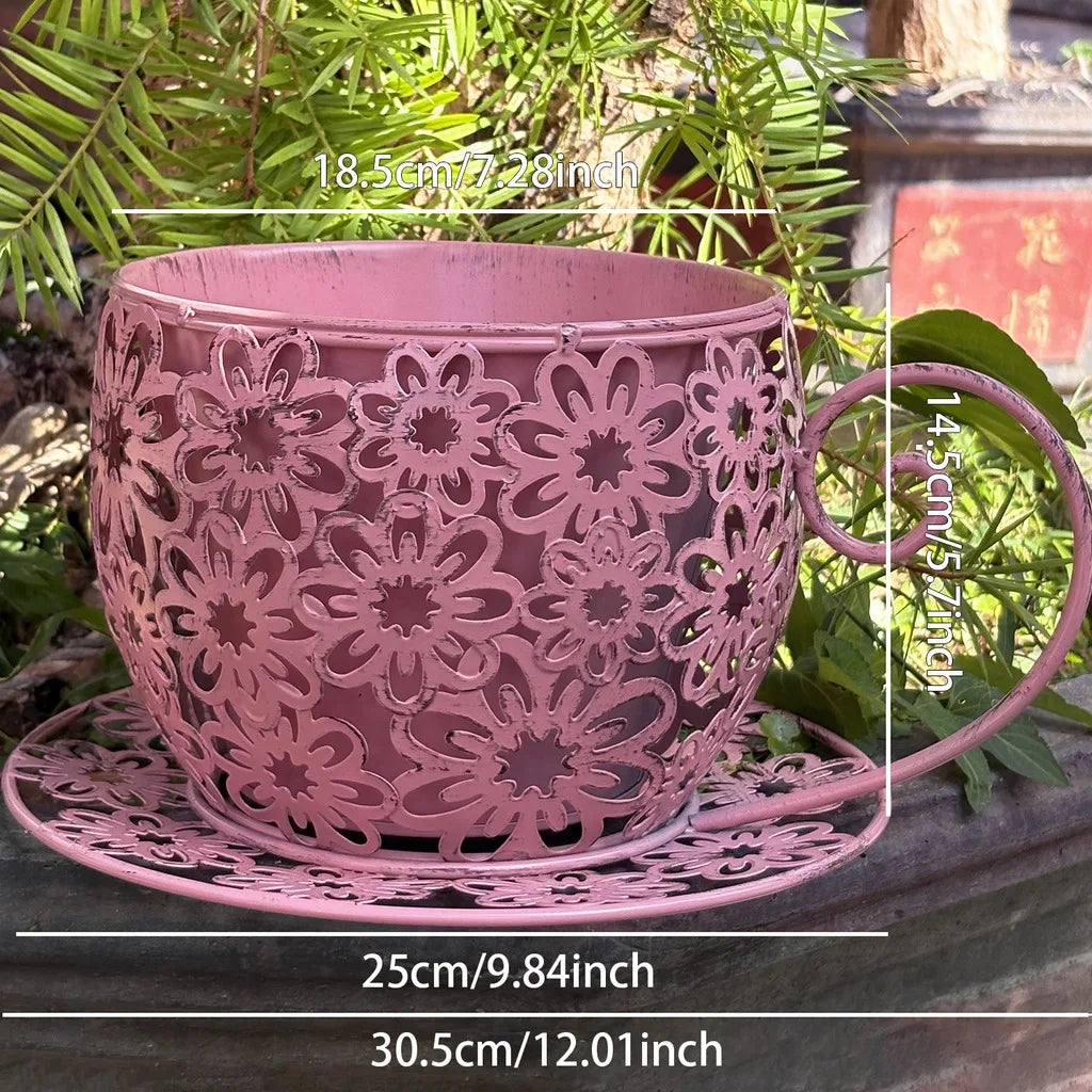 Teacup Iron Flower Pot | Vintage Garden Planter with Saucer