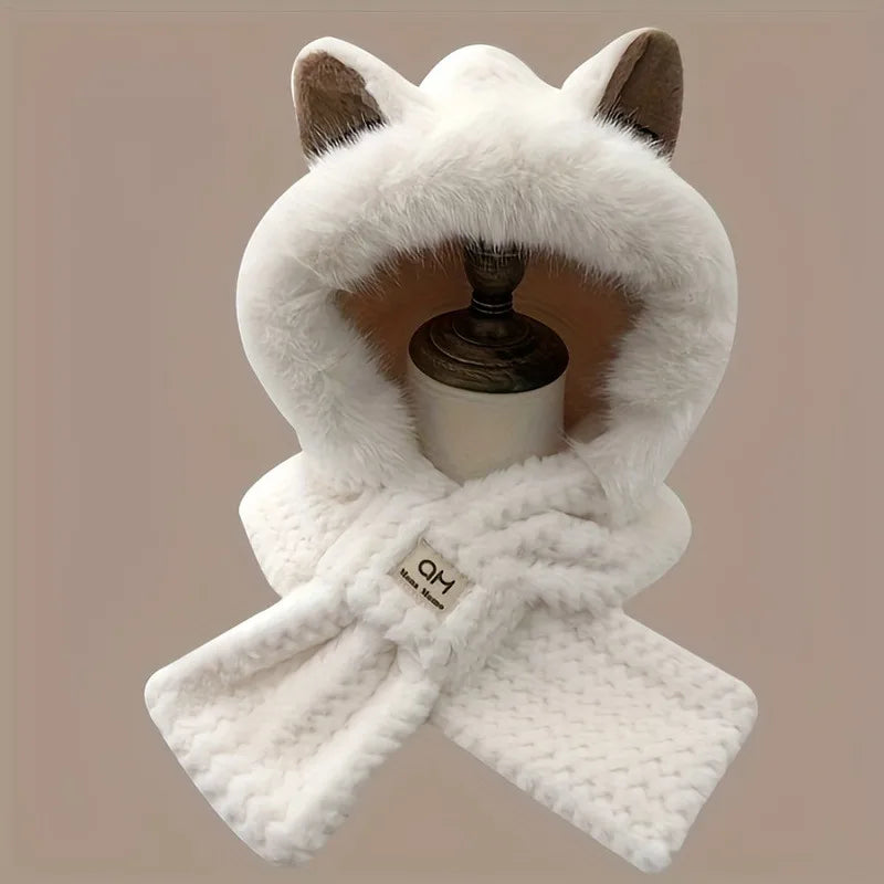 1PC Women's Cat Ear Hat with Pom-Pom, Soft Fleece Lined Winter Beanie for Christmas Gift, Cute Animal Themed Festival Cap Oasis Select WHITE