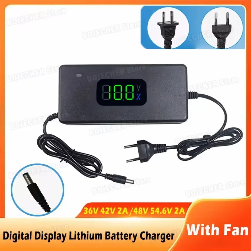 AC100-240V Digital Display Lithium Battery Charger 36V 42V / 48V 54.6V 2A Power Supply Adapters DC Plug With Cooling Fan EU US Oasis Select