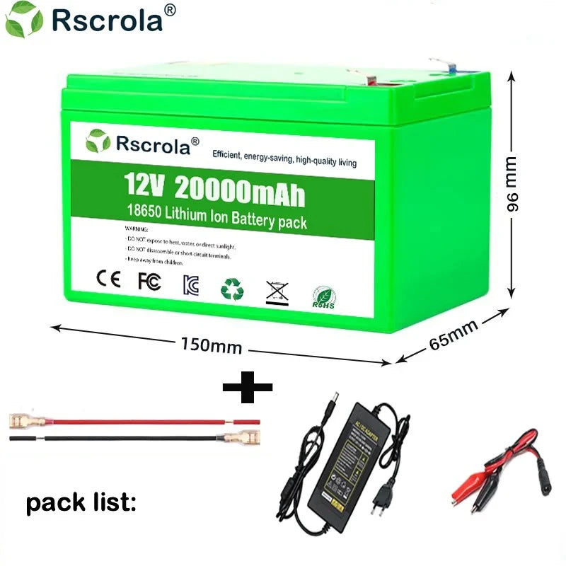 12V Large-Cap 18650 Rechargeable Li-ion Battery Pack (20/30/40Ah)+Charger – Fits Sprayer, Agri, Solar, Kids’ Toy Car, Scale Oasis Select 20000mAh 12 V