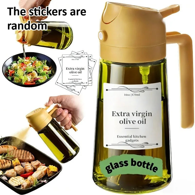 1pc 2-in-1 Olive Oil Dispenser & Sprayer, 16oz/470ml Dark Green Bottle, Durable Plastic with 6 Stickers, Kitchen Cooking Gadget Oasis Select Yellow bottle cap