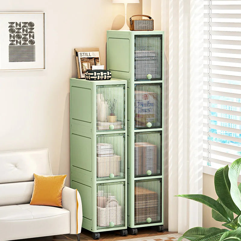 Slim Seam Cabinet Space-Saving Bookcase with Door Stackable Multi-Layer Rack Portable Movable Living Room Display Shelf Oasis Select