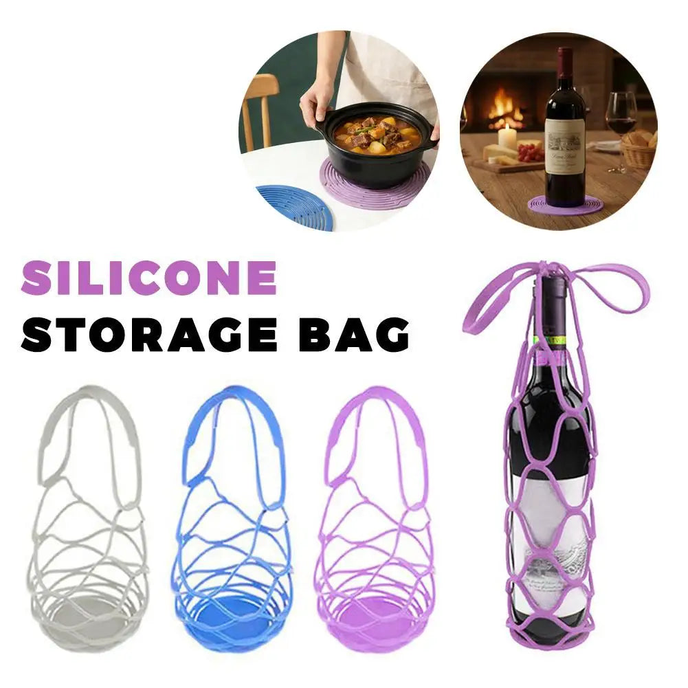 Silicone Wine Bottle Carrier Tote Bag & Reusable Cup Mat