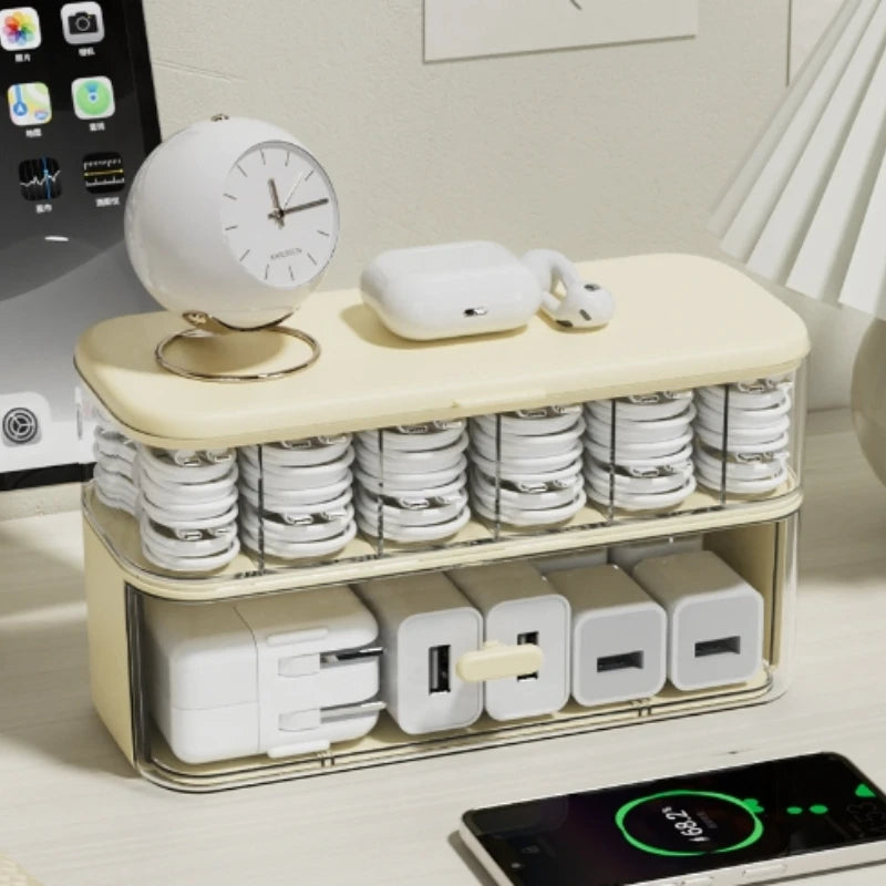 Transparent Desktop Cable Organizer Box with Lid Cord & Charger Storage Solution,No Power Needed,Compact Design for Home Storage Oasis Select Cream color