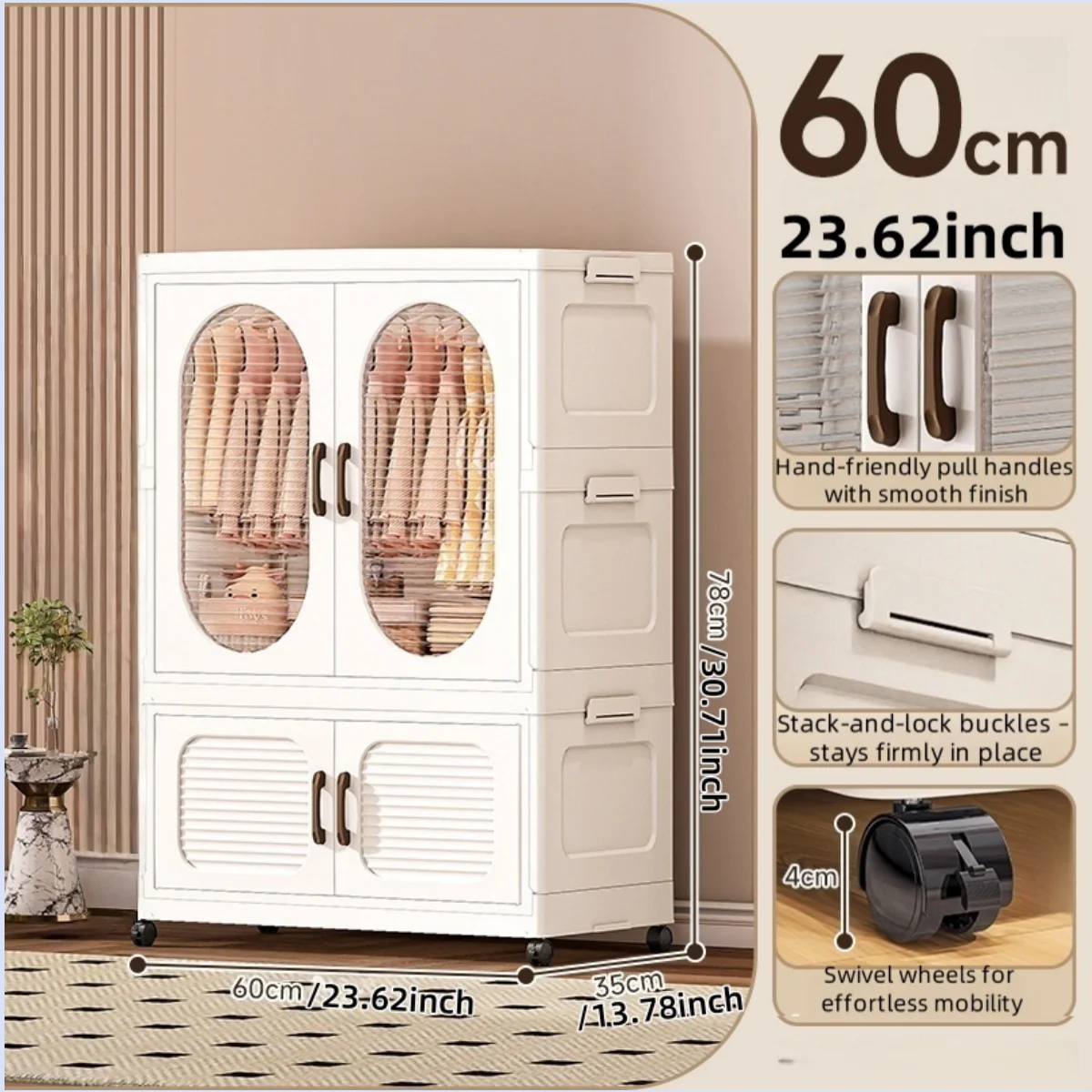60cm Double-Door Foldable Wardrobe with Wheels - Large Capacity Magnetic Closure Storage for Clothes/Quilts, Bedroom/Living Room Oasis Select 1 cabinet 1 drawer