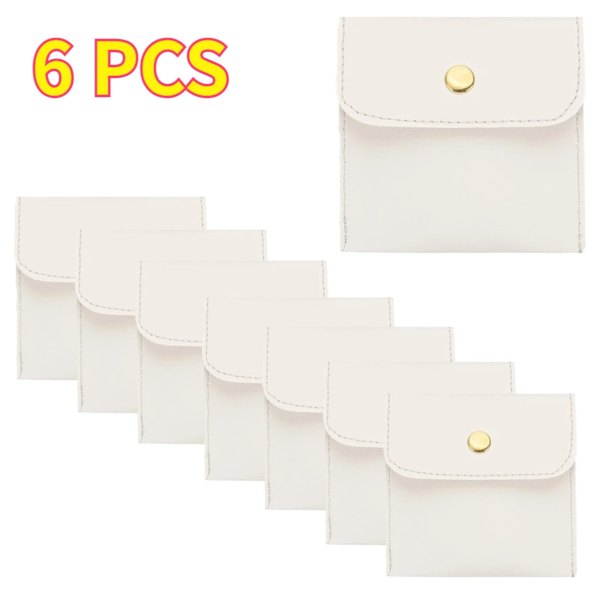 6/12PCS Small Jewelry Pouch PU Leather Square Snap Button Travel Bracelet Packaging Earrings Rings Necklaces Compact Organizer Oasis Select White 6pcs