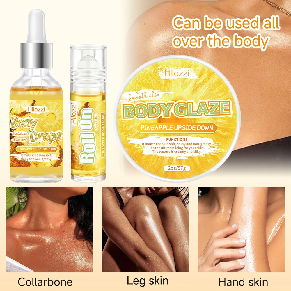 The pineapple body oil and glaze set includes a free rollerball applicator for long-lasting hydration, moisturizing, Oasis Select